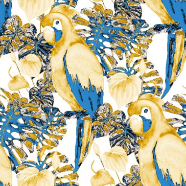 Kuşların, tropik çiçeklerin ve yaprakların olduğu kusursuz bir suluboya deseni. Her türlü tasarım için parlak bir yaz baskısı. Egzotik orman hayvanı duvar kağıdı. Moda baskısı.