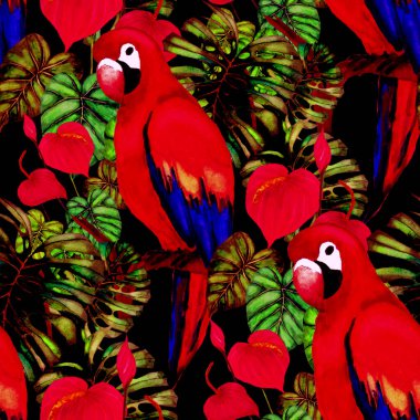 Kuşların, tropik çiçeklerin ve yaprakların olduğu kusursuz bir suluboya deseni. Her türlü tasarım için parlak bir yaz baskısı. Egzotik orman hayvanı duvar kağıdı. Moda baskısı.
