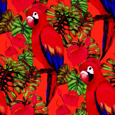 Kuşların, tropik çiçeklerin ve yaprakların olduğu kusursuz bir suluboya deseni. Her türlü tasarım için parlak bir yaz baskısı. Egzotik orman hayvanı duvar kağıdı. Moda baskısı.
