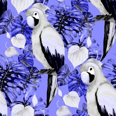 Kuşların, tropik çiçeklerin ve yaprakların olduğu kusursuz bir suluboya deseni. Her türlü tasarım için parlak bir yaz baskısı. Egzotik orman hayvanı duvar kağıdı. Moda baskısı.