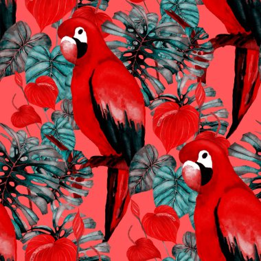 Kuşların, tropik çiçeklerin ve yaprakların olduğu kusursuz bir suluboya deseni. Her türlü tasarım için parlak bir yaz baskısı. Egzotik orman hayvanı duvar kağıdı. Moda baskısı.