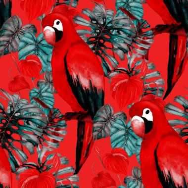 Kuşların, tropik çiçeklerin ve yaprakların olduğu kusursuz bir suluboya deseni. Her türlü tasarım için parlak bir yaz baskısı. Egzotik orman hayvanı duvar kağıdı. Moda baskısı.