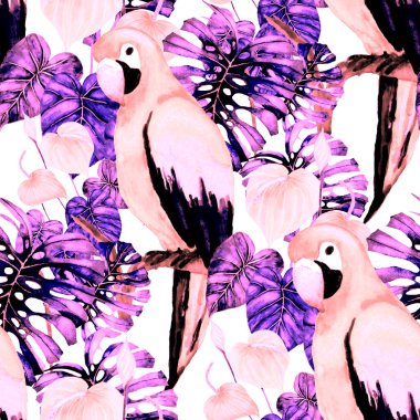 Kuşların, tropik çiçeklerin ve yaprakların olduğu kusursuz bir suluboya deseni. Her türlü tasarım için parlak bir yaz baskısı. Egzotik orman hayvanı duvar kağıdı. Moda baskısı.