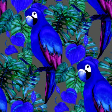 Kuşların, tropik çiçeklerin ve yaprakların olduğu kusursuz bir suluboya deseni. Her türlü tasarım için parlak bir yaz baskısı. Egzotik orman hayvanı duvar kağıdı. Moda baskısı.