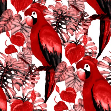 Kuşların, tropik çiçeklerin ve yaprakların olduğu kusursuz bir suluboya deseni. Her türlü tasarım için parlak bir yaz baskısı. Egzotik orman hayvanı duvar kağıdı. Moda baskısı.