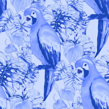 Kuşların, tropik çiçeklerin ve yaprakların olduğu kusursuz bir suluboya deseni. Her türlü tasarım için parlak bir yaz baskısı. Egzotik orman hayvanı duvar kağıdı. Moda baskısı.