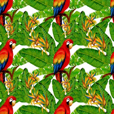 Kuşların, tropik çiçeklerin ve yaprakların olduğu kusursuz bir suluboya deseni. Her türlü tasarım için parlak bir yaz baskısı. Egzotik orman hayvanı duvar kağıdı. Moda baskısı.