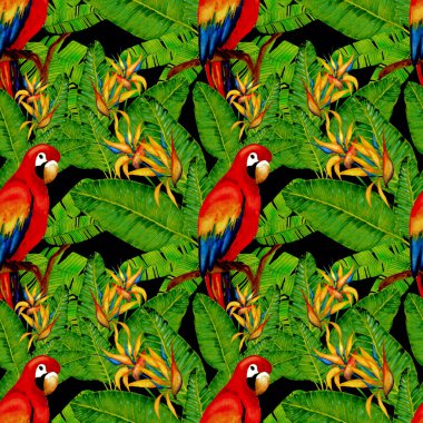 Kuşların, tropik çiçeklerin ve yaprakların olduğu kusursuz bir suluboya deseni. Her türlü tasarım için parlak bir yaz baskısı. Egzotik orman hayvanı duvar kağıdı. Moda baskısı.