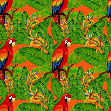 Kuşların, tropik çiçeklerin ve yaprakların olduğu kusursuz bir suluboya deseni. Her türlü tasarım için parlak bir yaz baskısı. Egzotik orman hayvanı duvar kağıdı. Moda baskısı.