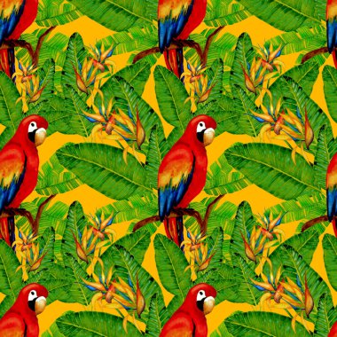 Kuşların, tropik çiçeklerin ve yaprakların olduğu kusursuz bir suluboya deseni. Her türlü tasarım için parlak bir yaz baskısı. Egzotik orman hayvanı duvar kağıdı. Moda baskısı.