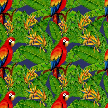 Kuşların, tropik çiçeklerin ve yaprakların olduğu kusursuz bir suluboya deseni. Her türlü tasarım için parlak bir yaz baskısı. Egzotik orman hayvanı duvar kağıdı. Moda baskısı.