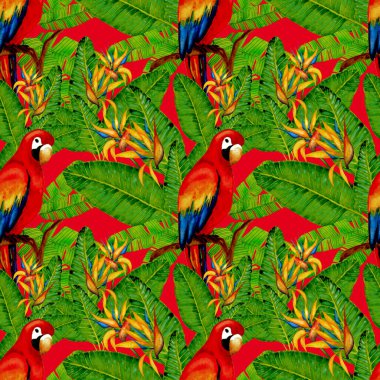 Kuşların, tropik çiçeklerin ve yaprakların olduğu kusursuz bir suluboya deseni. Her türlü tasarım için parlak bir yaz baskısı. Egzotik orman hayvanı duvar kağıdı. Moda baskısı.