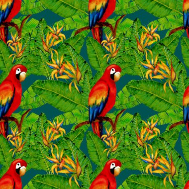 Kuşların, tropik çiçeklerin ve yaprakların olduğu kusursuz bir suluboya deseni. Her türlü tasarım için parlak bir yaz baskısı. Egzotik orman hayvanı duvar kağıdı. Moda baskısı.