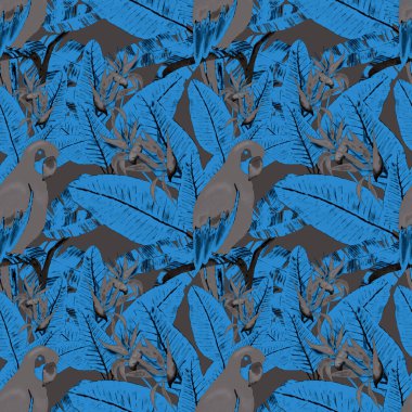 Kuşların, tropik çiçeklerin ve yaprakların olduğu kusursuz bir suluboya deseni. Her türlü tasarım için parlak bir yaz baskısı. Egzotik orman hayvanı duvar kağıdı. Moda baskısı.