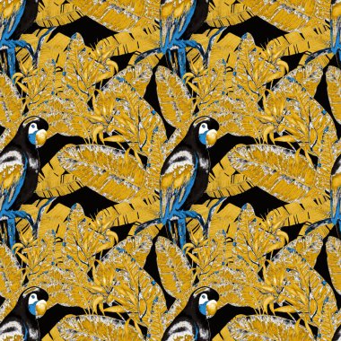 Kuşların, tropik çiçeklerin ve yaprakların olduğu kusursuz bir suluboya deseni. Her türlü tasarım için parlak bir yaz baskısı. Egzotik orman hayvanı duvar kağıdı. Moda baskısı.