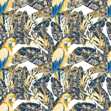 Kuşların, tropik çiçeklerin ve yaprakların olduğu kusursuz bir suluboya deseni. Her türlü tasarım için parlak bir yaz baskısı. Egzotik orman hayvanı duvar kağıdı. Moda baskısı.