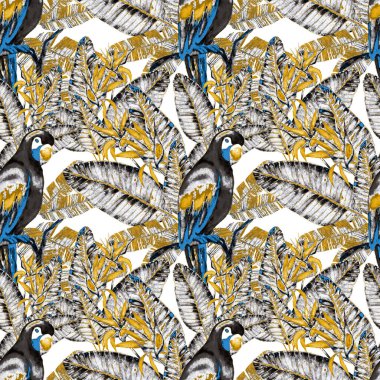 Kuşların, tropik çiçeklerin ve yaprakların olduğu kusursuz bir suluboya deseni. Her türlü tasarım için parlak bir yaz baskısı. Egzotik orman hayvanı duvar kağıdı. Moda baskısı.