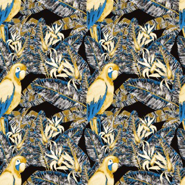 Kuşların, tropik çiçeklerin ve yaprakların olduğu kusursuz bir suluboya deseni. Her türlü tasarım için parlak bir yaz baskısı. Egzotik orman hayvanı duvar kağıdı. Moda baskısı.