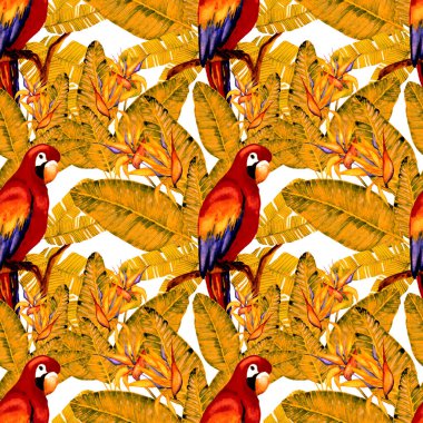Kuşların, tropik çiçeklerin ve yaprakların olduğu kusursuz bir suluboya deseni. Her türlü tasarım için parlak bir yaz baskısı. Egzotik orman hayvanı duvar kağıdı. Moda baskısı.