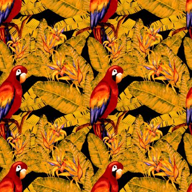 Kuşların, tropik çiçeklerin ve yaprakların olduğu kusursuz bir suluboya deseni. Her türlü tasarım için parlak bir yaz baskısı. Egzotik orman hayvanı duvar kağıdı. Moda baskısı.