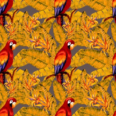 Kuşların, tropik çiçeklerin ve yaprakların olduğu kusursuz bir suluboya deseni. Her türlü tasarım için parlak bir yaz baskısı. Egzotik orman hayvanı duvar kağıdı. Moda baskısı.