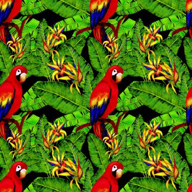 Kuşların, tropik çiçeklerin ve yaprakların olduğu kusursuz bir suluboya deseni. Her türlü tasarım için parlak bir yaz baskısı. Egzotik orman hayvanı duvar kağıdı. Moda baskısı.