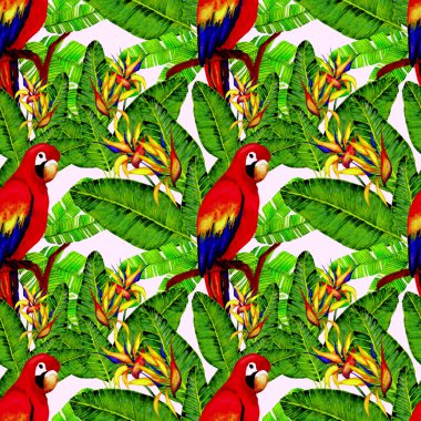 Kuşların, tropik çiçeklerin ve yaprakların olduğu kusursuz bir suluboya deseni. Her türlü tasarım için parlak bir yaz baskısı. Egzotik orman hayvanı duvar kağıdı. Moda baskısı.