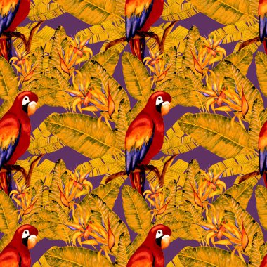 Kuşların, tropik çiçeklerin ve yaprakların olduğu kusursuz bir suluboya deseni. Her türlü tasarım için parlak bir yaz baskısı. Egzotik orman hayvanı duvar kağıdı. Moda baskısı.
