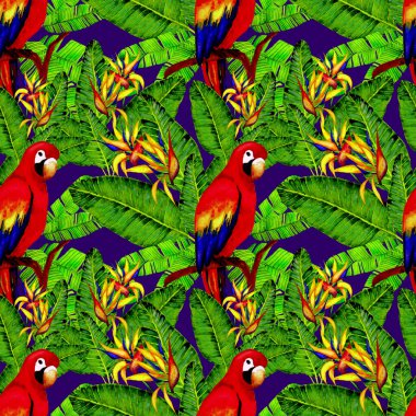 Kuşların, tropik çiçeklerin ve yaprakların olduğu kusursuz bir suluboya deseni. Her türlü tasarım için parlak bir yaz baskısı. Egzotik orman hayvanı duvar kağıdı. Moda baskısı.
