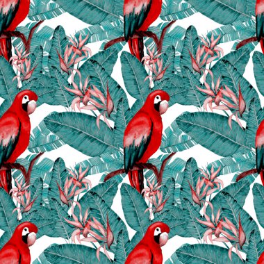 Kuşların, tropik çiçeklerin ve yaprakların olduğu kusursuz bir suluboya deseni. Her türlü tasarım için parlak bir yaz baskısı. Egzotik orman hayvanı duvar kağıdı. Moda baskısı.