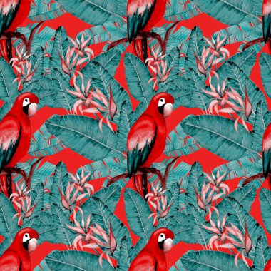 Kuşların, tropik çiçeklerin ve yaprakların olduğu kusursuz bir suluboya deseni. Her türlü tasarım için parlak bir yaz baskısı. Egzotik orman hayvanı duvar kağıdı. Moda baskısı.