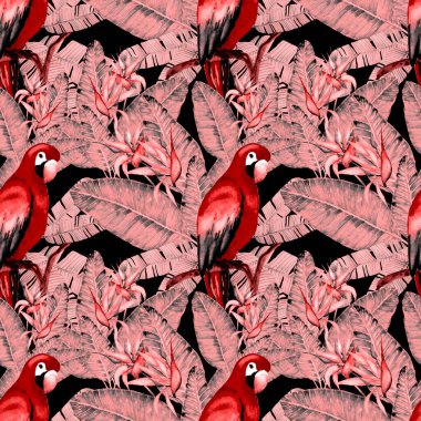 Kuşların, tropik çiçeklerin ve yaprakların olduğu kusursuz bir suluboya deseni. Her türlü tasarım için parlak bir yaz baskısı. Egzotik orman hayvanı duvar kağıdı. Moda baskısı.