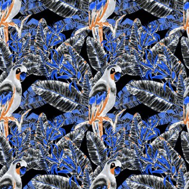 Kuşların, tropik çiçeklerin ve yaprakların olduğu kusursuz bir suluboya deseni. Her türlü tasarım için parlak bir yaz baskısı. Egzotik orman hayvanı duvar kağıdı. Moda baskısı.