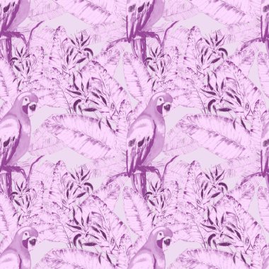 Kuşların, tropik çiçeklerin ve yaprakların olduğu kusursuz bir suluboya deseni. Her türlü tasarım için parlak bir yaz baskısı. Egzotik orman hayvanı duvar kağıdı. Moda baskısı.