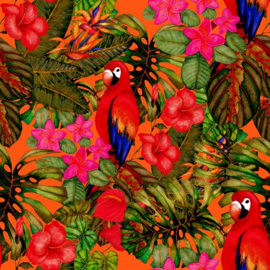 Kuşların, tropik çiçeklerin ve yaprakların olduğu kusursuz bir suluboya deseni. Her türlü tasarım için parlak bir yaz baskısı. Egzotik orman hayvanı duvar kağıdı. Moda baskısı.
