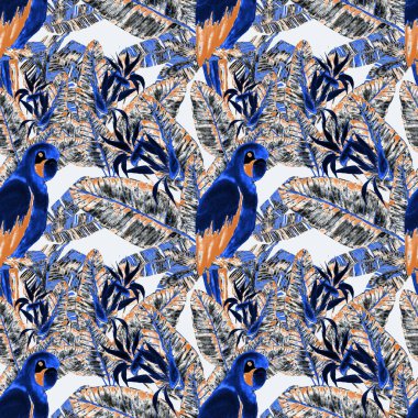 Kuşların, tropik çiçeklerin ve yaprakların olduğu kusursuz bir suluboya deseni. Her türlü tasarım için parlak bir yaz baskısı. Egzotik orman hayvanı duvar kağıdı. Moda baskısı.
