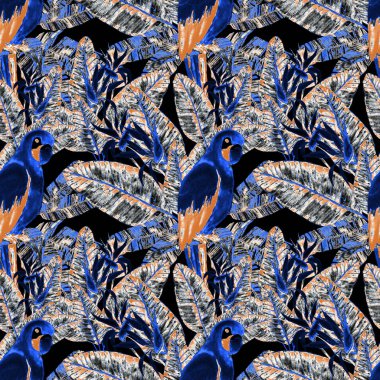 Kuşların, tropik çiçeklerin ve yaprakların olduğu kusursuz bir suluboya deseni. Her türlü tasarım için parlak bir yaz baskısı. Egzotik orman hayvanı duvar kağıdı. Moda baskısı.
