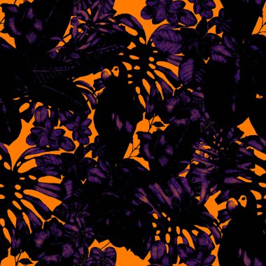 Kuşların, tropik çiçeklerin ve yaprakların olduğu kusursuz bir suluboya deseni. Her türlü tasarım için parlak bir yaz baskısı. Egzotik orman hayvanı duvar kağıdı. Moda baskısı.