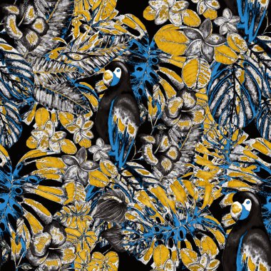 Kuşların, tropik çiçeklerin ve yaprakların olduğu kusursuz bir suluboya deseni. Her türlü tasarım için parlak bir yaz baskısı. Egzotik orman hayvanı duvar kağıdı. Moda baskısı.