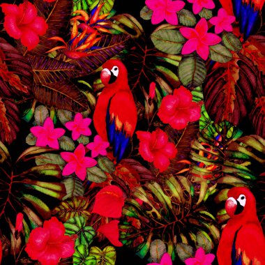 Kuşların, tropik çiçeklerin ve yaprakların olduğu kusursuz bir suluboya deseni. Her türlü tasarım için parlak bir yaz baskısı. Egzotik orman hayvanı duvar kağıdı. Moda baskısı.