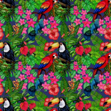 Kuşların, tropik çiçeklerin ve yaprakların olduğu kusursuz bir suluboya deseni. Her türlü tasarım için parlak bir yaz baskısı. Egzotik orman hayvanı duvar kağıdı. Moda baskısı.