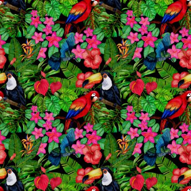 Kuşların, tropik çiçeklerin ve yaprakların olduğu kusursuz bir suluboya deseni. Her türlü tasarım için parlak bir yaz baskısı. Egzotik orman hayvanı duvar kağıdı. Moda baskısı.