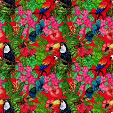Kuşların, tropik çiçeklerin ve yaprakların olduğu kusursuz bir suluboya deseni. Her türlü tasarım için parlak bir yaz baskısı. Egzotik orman hayvanı duvar kağıdı. Moda baskısı.
