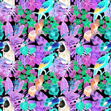 Kuşların, tropik çiçeklerin ve yaprakların olduğu kusursuz bir suluboya deseni. Her türlü tasarım için parlak bir yaz baskısı. Egzotik orman hayvanı duvar kağıdı. Moda baskısı.