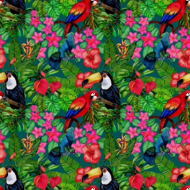 Kuşların, tropik çiçeklerin ve yaprakların olduğu kusursuz bir suluboya deseni. Her türlü tasarım için parlak bir yaz baskısı. Egzotik orman hayvanı duvar kağıdı. Moda baskısı.