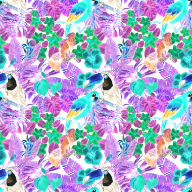 Kuşların, tropik çiçeklerin ve yaprakların olduğu kusursuz bir suluboya deseni. Her türlü tasarım için parlak bir yaz baskısı. Egzotik orman hayvanı duvar kağıdı. Moda baskısı.