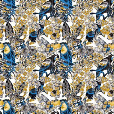 Kuşların, tropik çiçeklerin ve yaprakların olduğu kusursuz bir suluboya deseni. Her türlü tasarım için parlak bir yaz baskısı. Egzotik orman hayvanı duvar kağıdı. Moda baskısı.