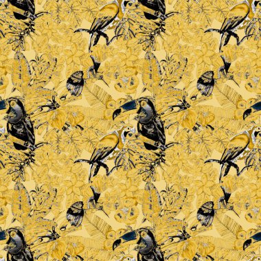 Kuşların, tropik çiçeklerin ve yaprakların olduğu kusursuz bir suluboya deseni. Her türlü tasarım için parlak bir yaz baskısı. Egzotik orman hayvanı duvar kağıdı. Moda baskısı.