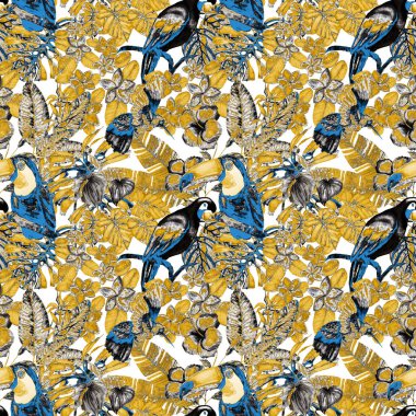 Kuşların, tropik çiçeklerin ve yaprakların olduğu kusursuz bir suluboya deseni. Her türlü tasarım için parlak bir yaz baskısı. Egzotik orman hayvanı duvar kağıdı. Moda baskısı.