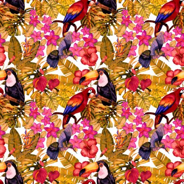 Kuşların, tropik çiçeklerin ve yaprakların olduğu kusursuz bir suluboya deseni. Her türlü tasarım için parlak bir yaz baskısı. Egzotik orman hayvanı duvar kağıdı. Moda baskısı.